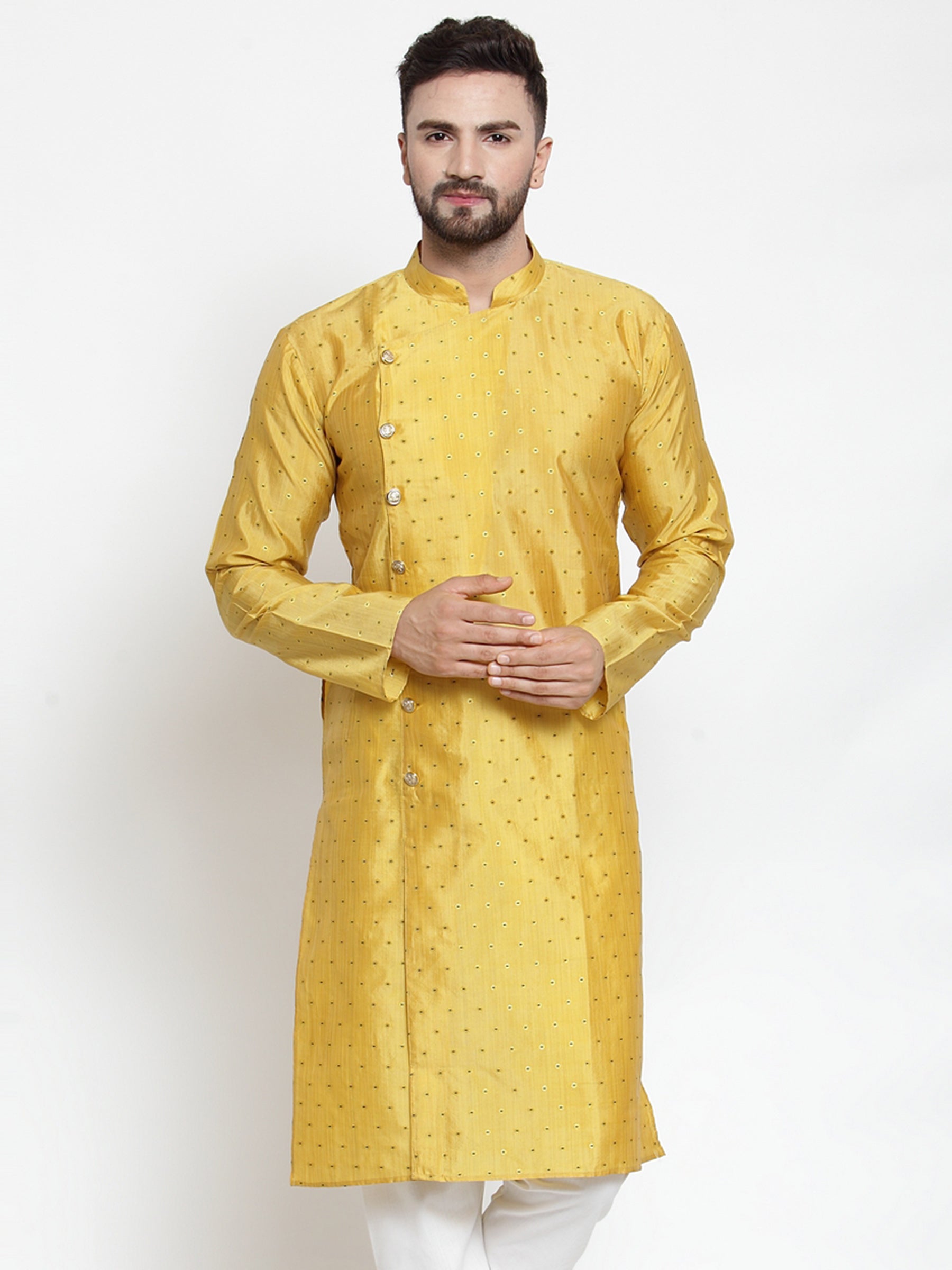 Men's Yellow & Golden Self Design Kurta Only ( KO 590 Yellow ) - Virat Fashions
