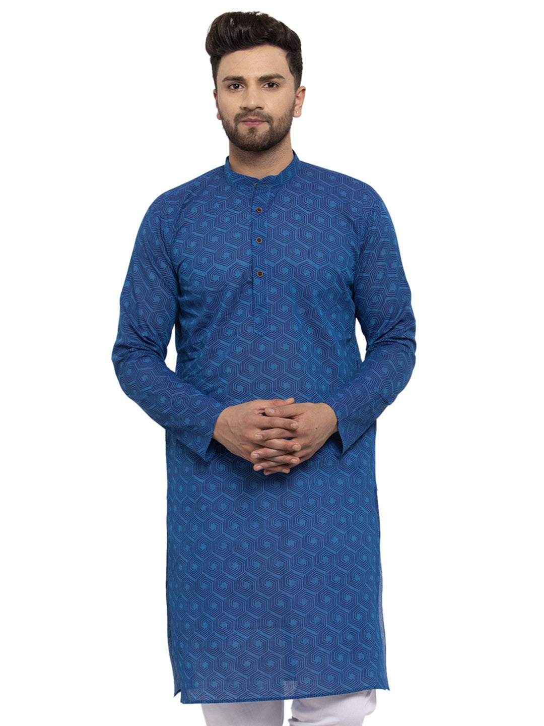 Men's Blue Cotton Printed Kurta Only( KO 604 Blue ) - Virat Fashions