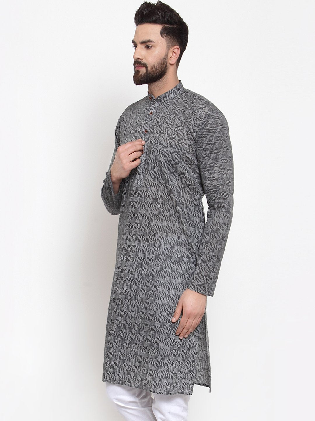 Men's  Grey Printed Straight Kurta - Virat Fashions