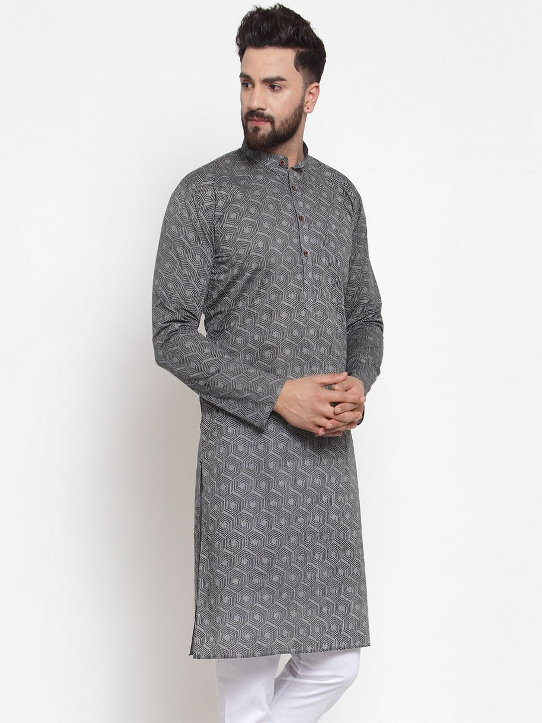 Men's  Grey Printed Straight Kurta - Virat Fashions