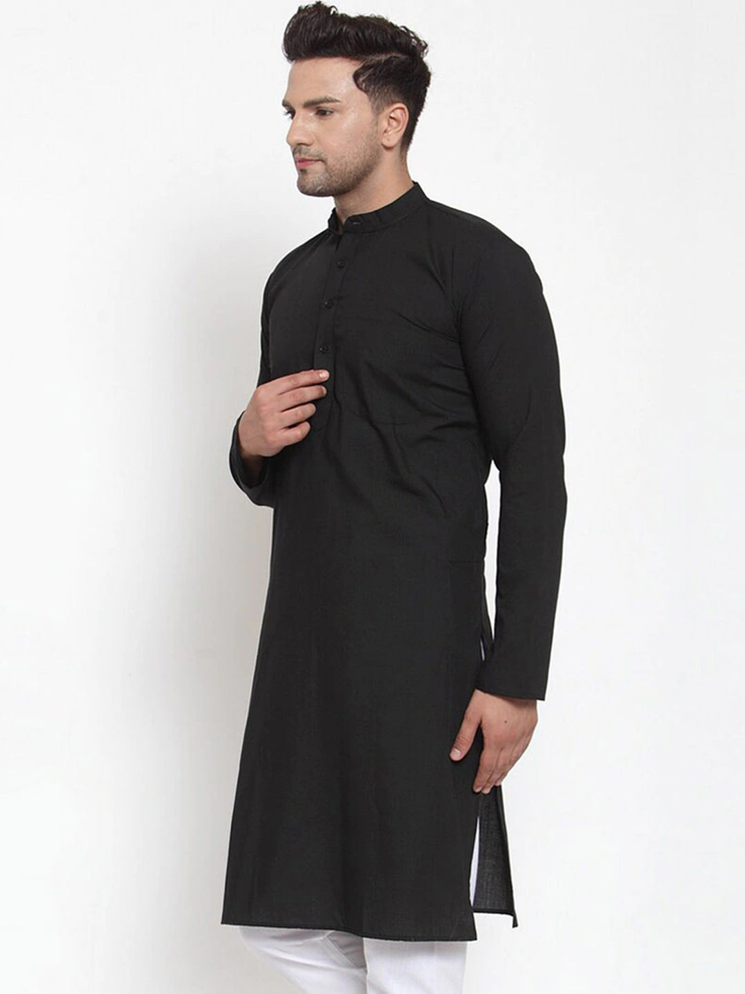 Men's Black Cotton Solid Kurta Only ( Ko 611 Black ) - Virat Fashions