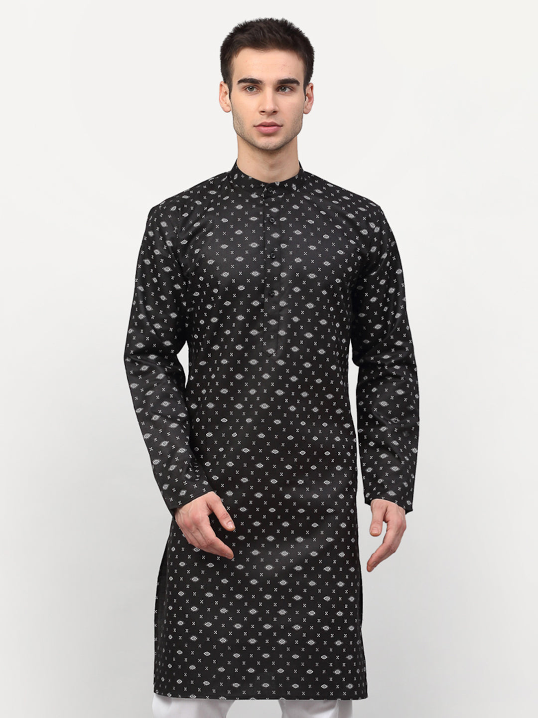 Men's Black Printed Cotton Kurta Only ( KO 614 Black ) - Virat Fashions