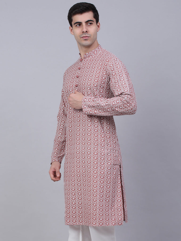 Men's Coral Red & White Embroidered Straight Kurtas ( Ko 626 Coral )