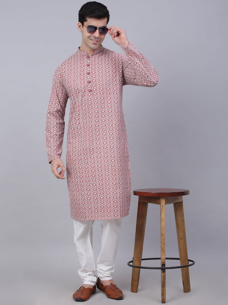 Men's Coral Red & White Embroidered Straight Kurtas ( Ko 626 Coral )