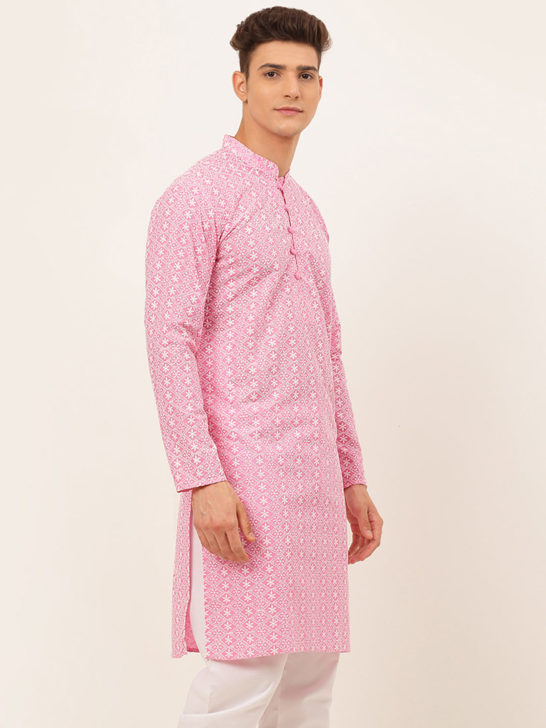 Men's Pink & White Embroidered Straight Kurtas ( Ko 626 Pink ) - Virat Fashions