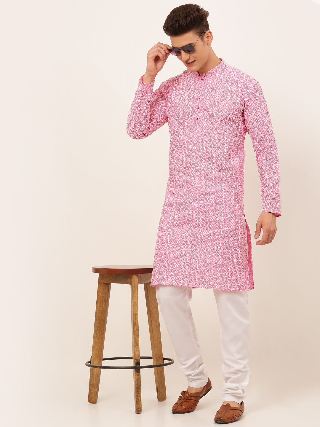 Men's Pink & White Embroidered Straight Kurtas ( Ko 626 Pink ) - Virat Fashions