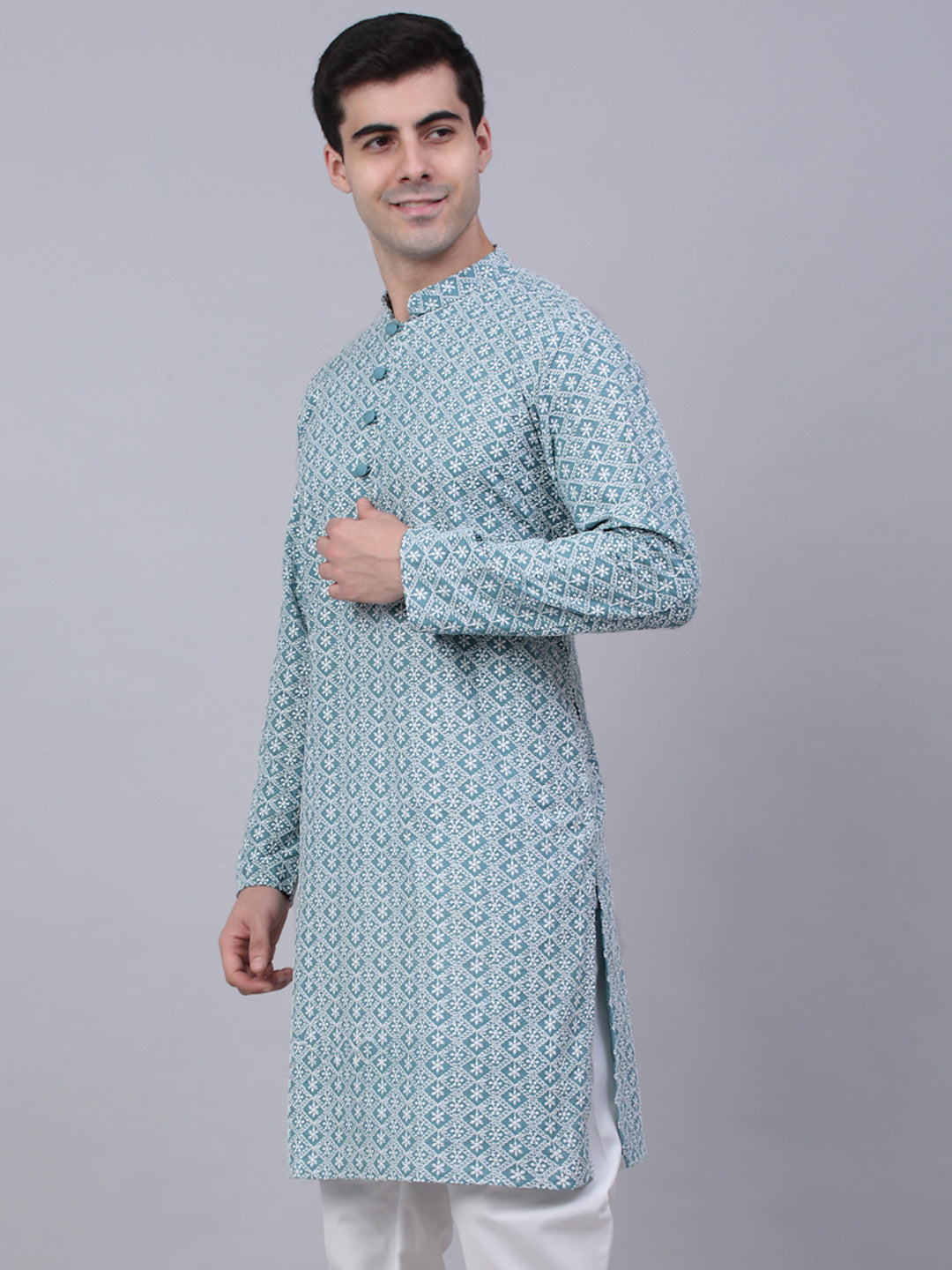 Men's Teal Blue & White Embroidered Straight Kurtas ( Ko 626 Teal ) - Virat Fashions