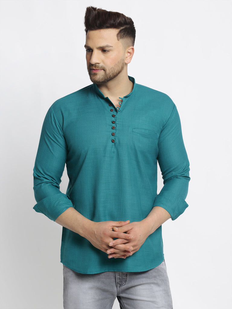Men's Green Solid Cotton Short Kurta ( Ko 639 Green )