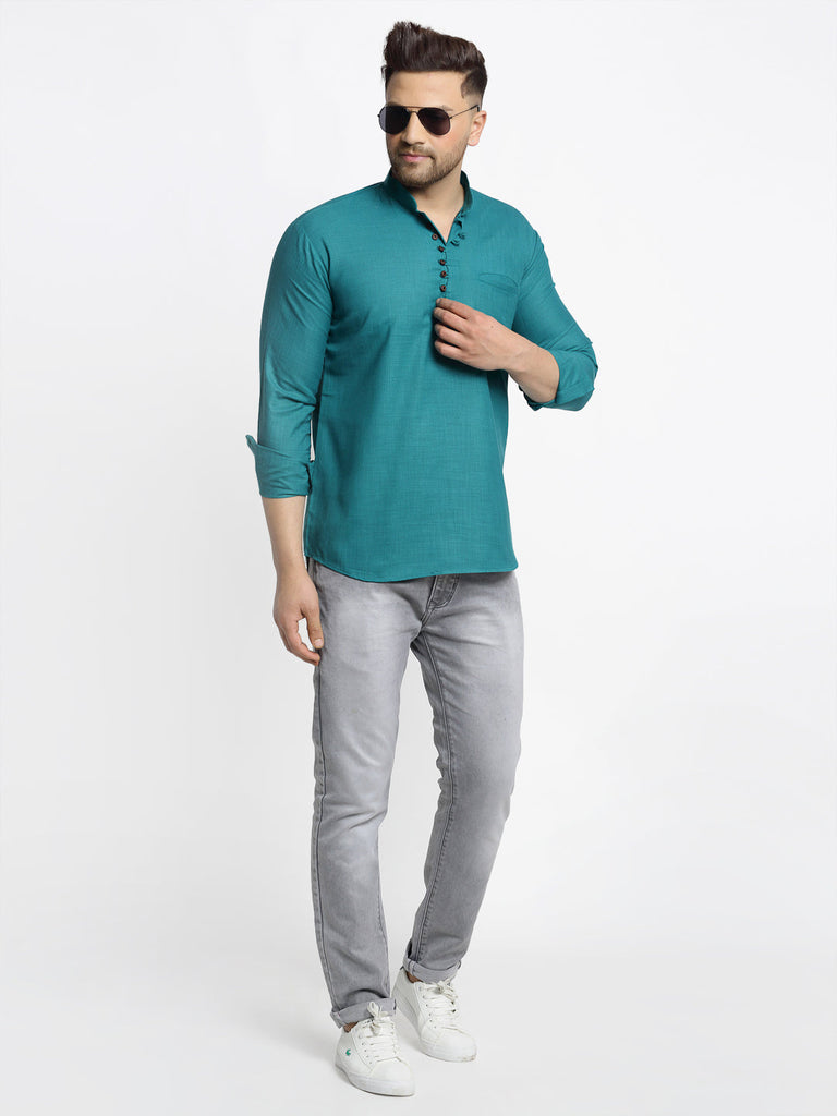 Men's Green Solid Cotton Short Kurta ( Ko 639 Green )