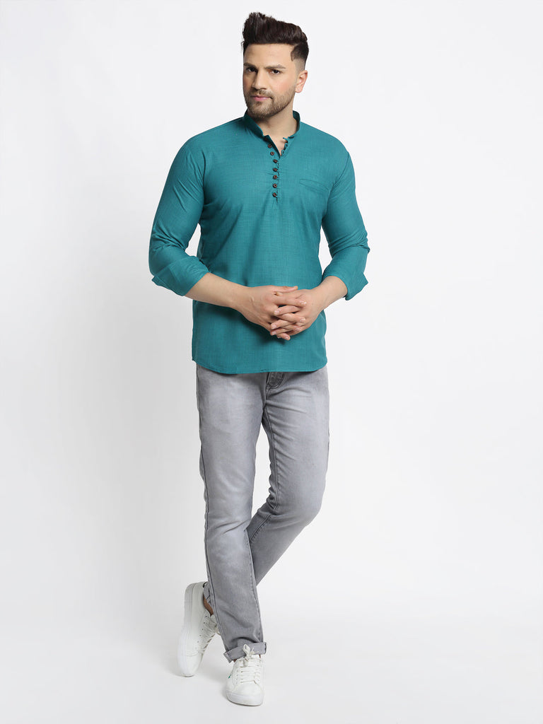 Men's Green Solid Cotton Short Kurta ( Ko 639 Green )
