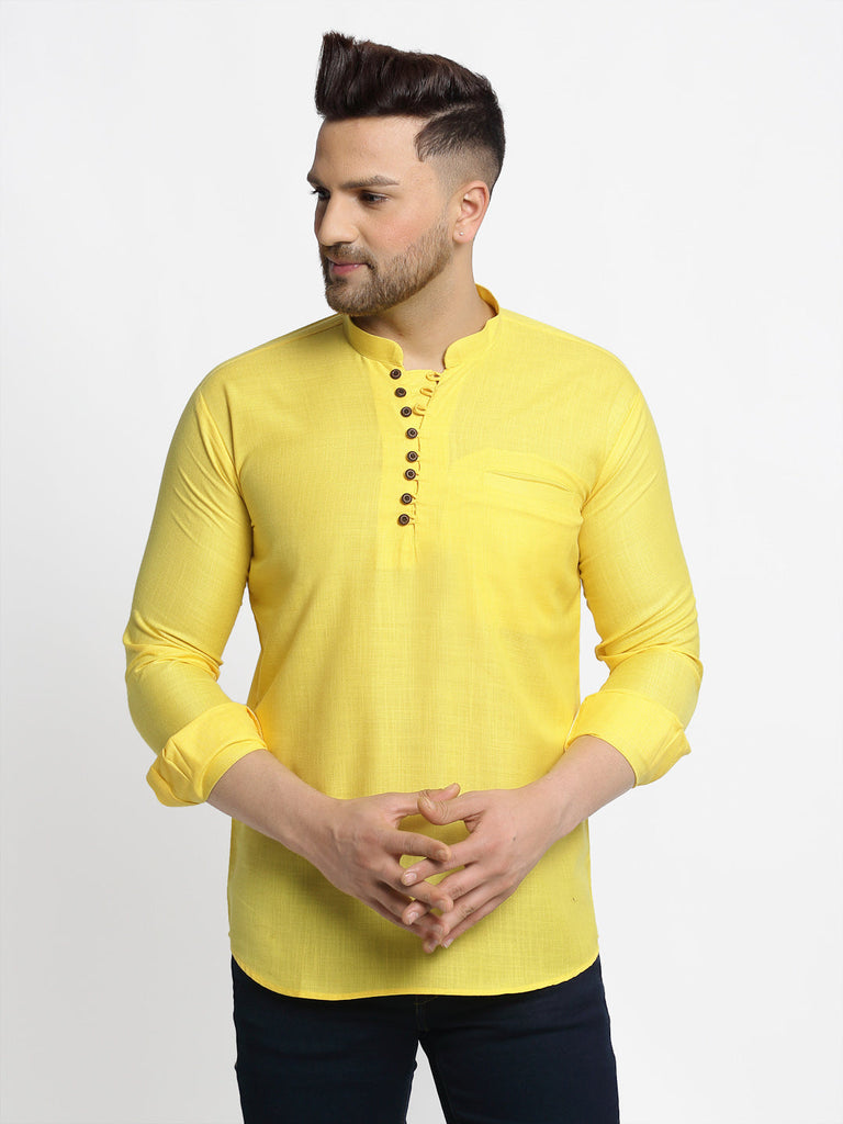 Men's Lemon Solid Cotton Short Kurta ( Ko 639 Lemon )