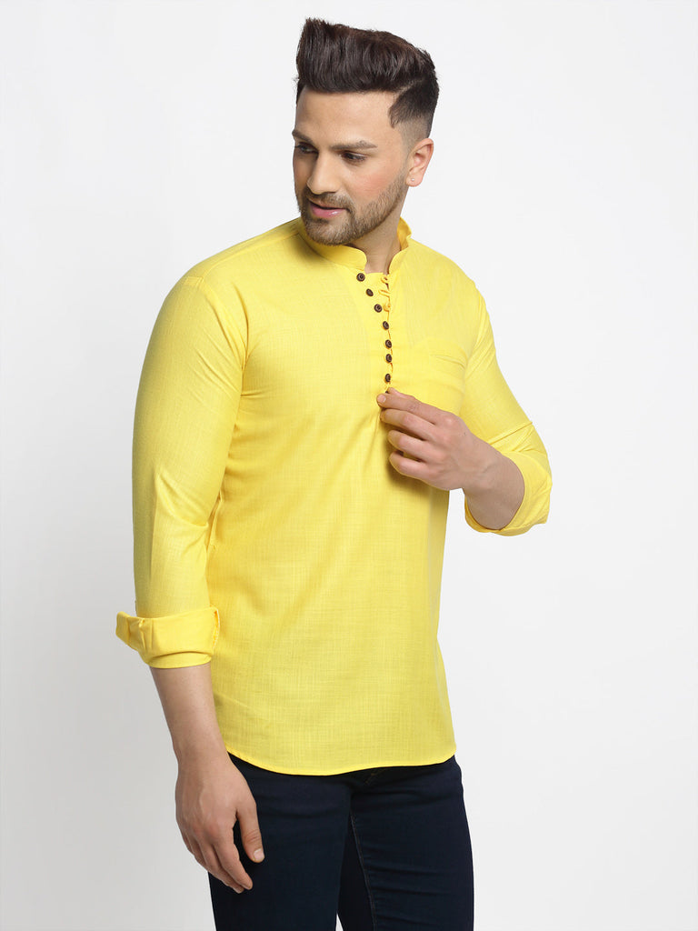 Men's Lemon Solid Cotton Short Kurta ( Ko 639 Lemon )