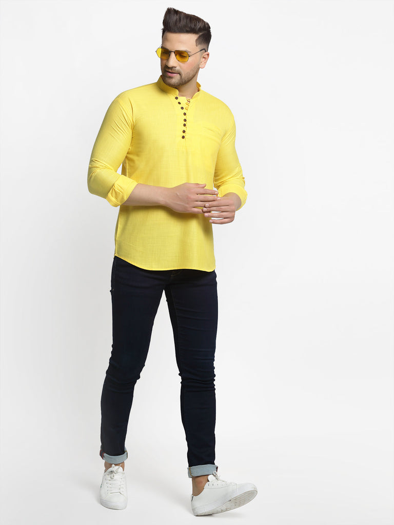 Men's Lemon Solid Cotton Short Kurta ( Ko 639 Lemon )