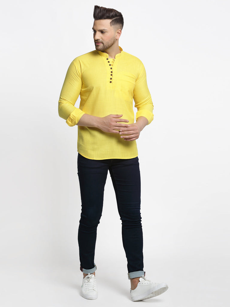 Men's Lemon Solid Cotton Short Kurta ( Ko 639 Lemon )