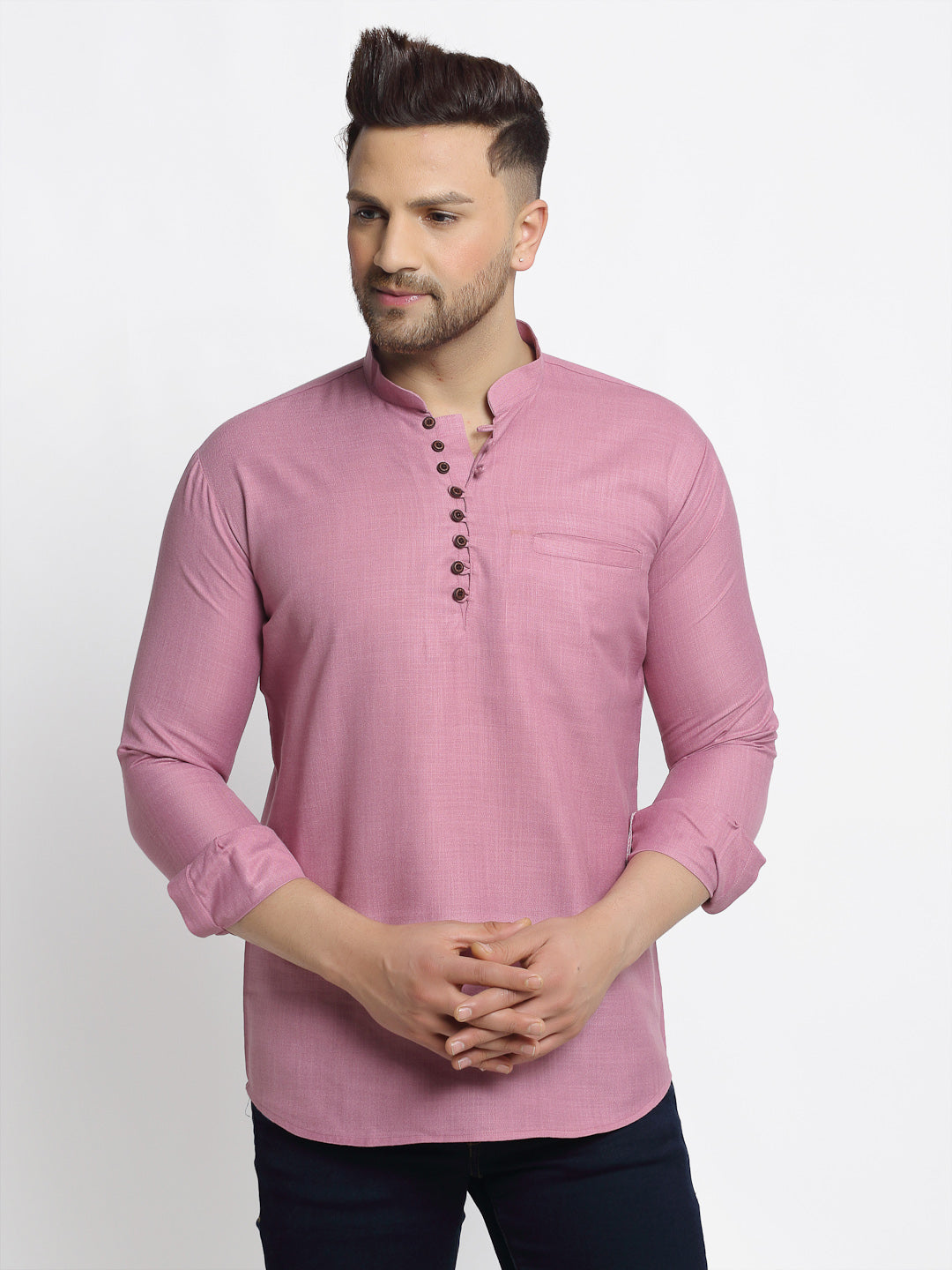 Men's Magenta Pink Solid Cotton Short Kurta ( Ko 639 Magenta ) - Virat Fashions