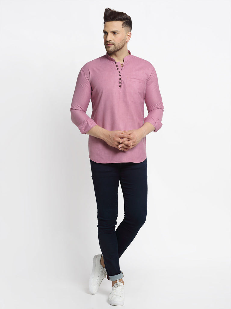 Men's Magenta Pink Solid Cotton Short Kurta ( Ko 639 Magenta )