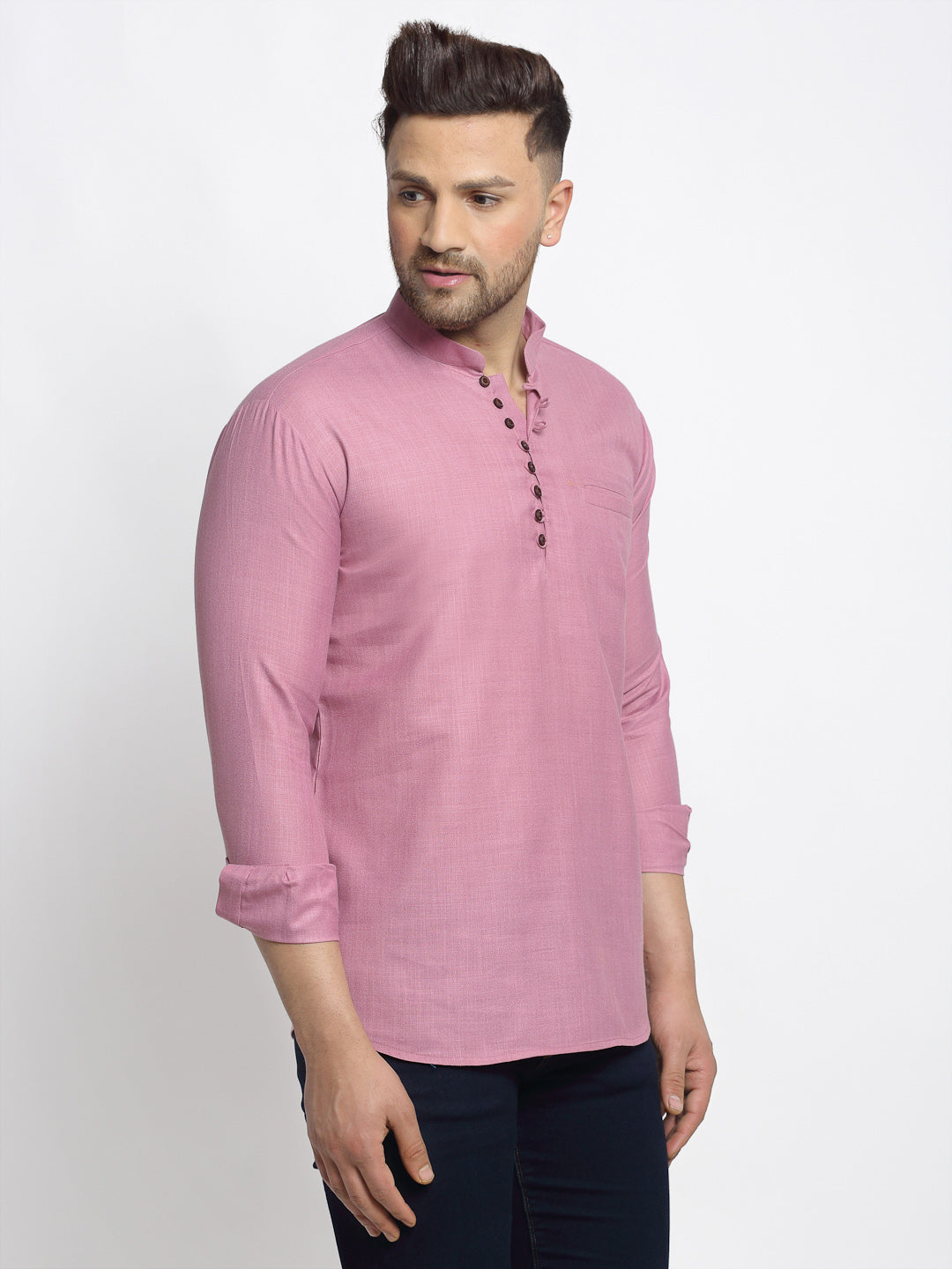 Men's Magenta Pink Solid Cotton Short Kurta ( Ko 639 Magenta ) - Virat Fashions