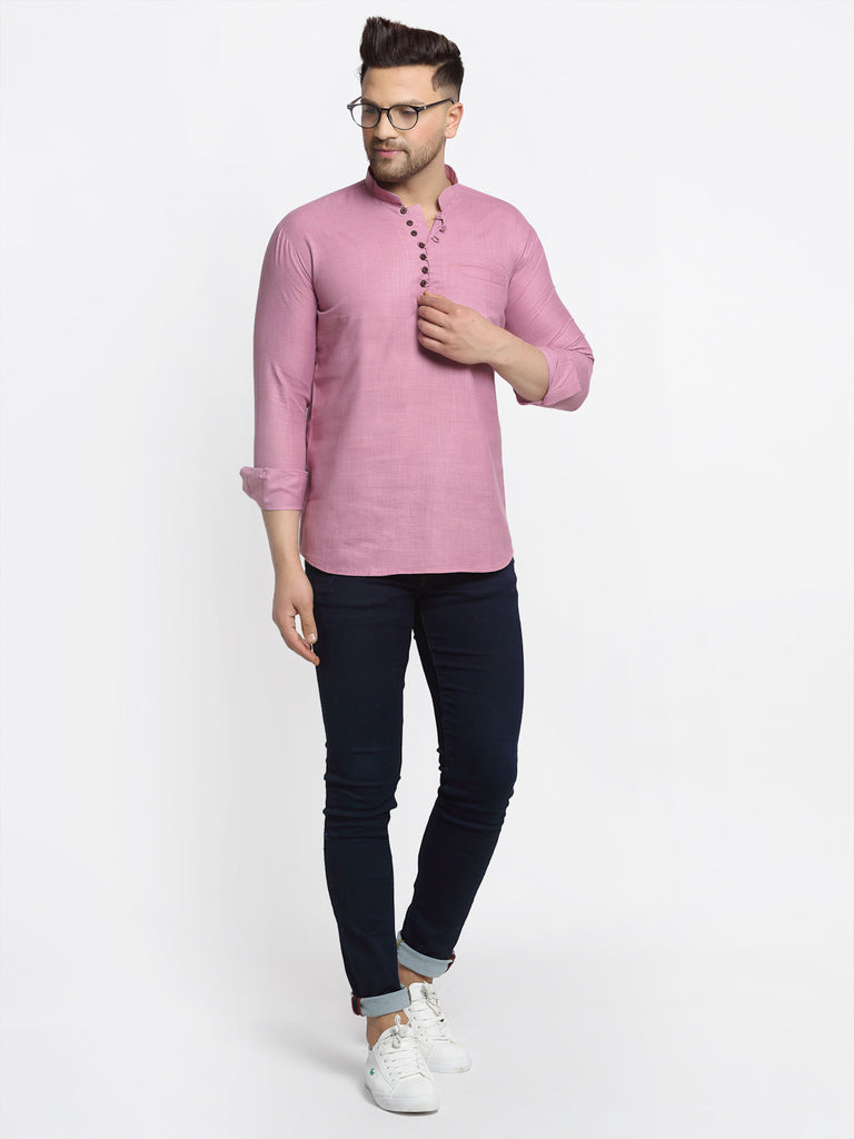Men's Magenta Pink Solid Cotton Short Kurta ( Ko 639 Magenta )