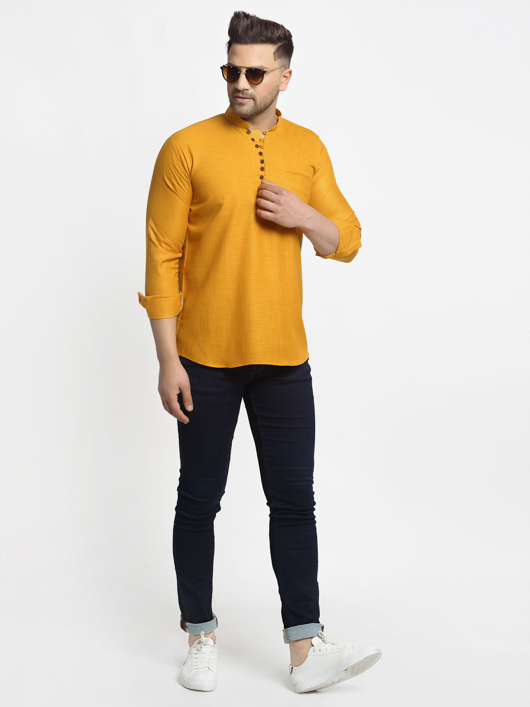 Men's Mustard Solid Cotton Short Kurta ( Ko 639 Mustard ) - Virat Fashions