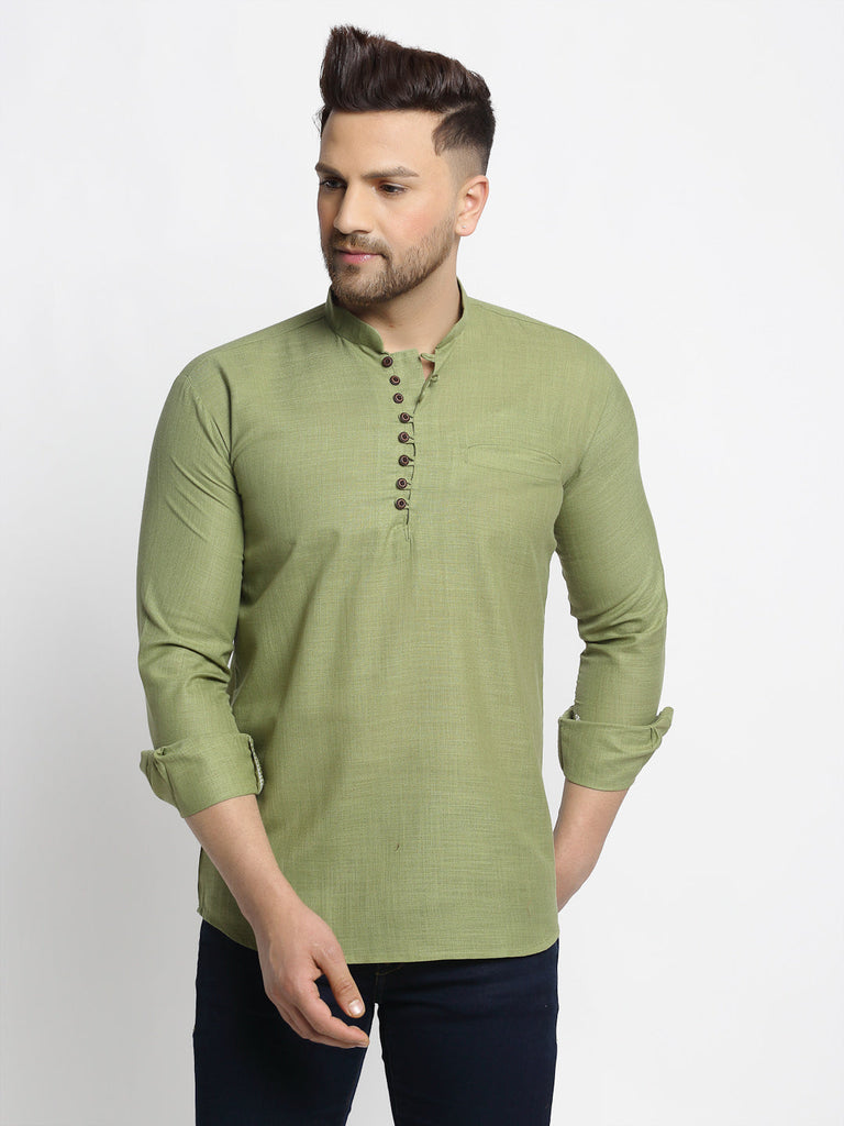 Men's Olive Green Solid Cotton Short Kurta ( Ko 639 Olive )