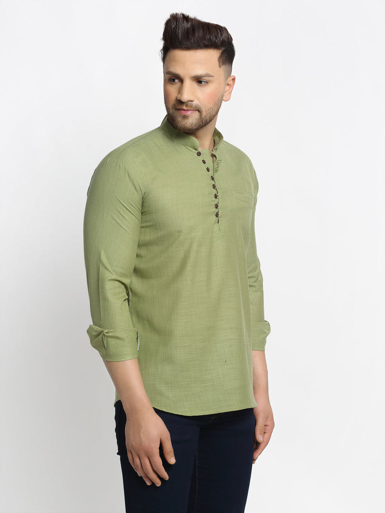 Men's Olive Green Solid Cotton Short Kurta ( Ko 639 Olive )