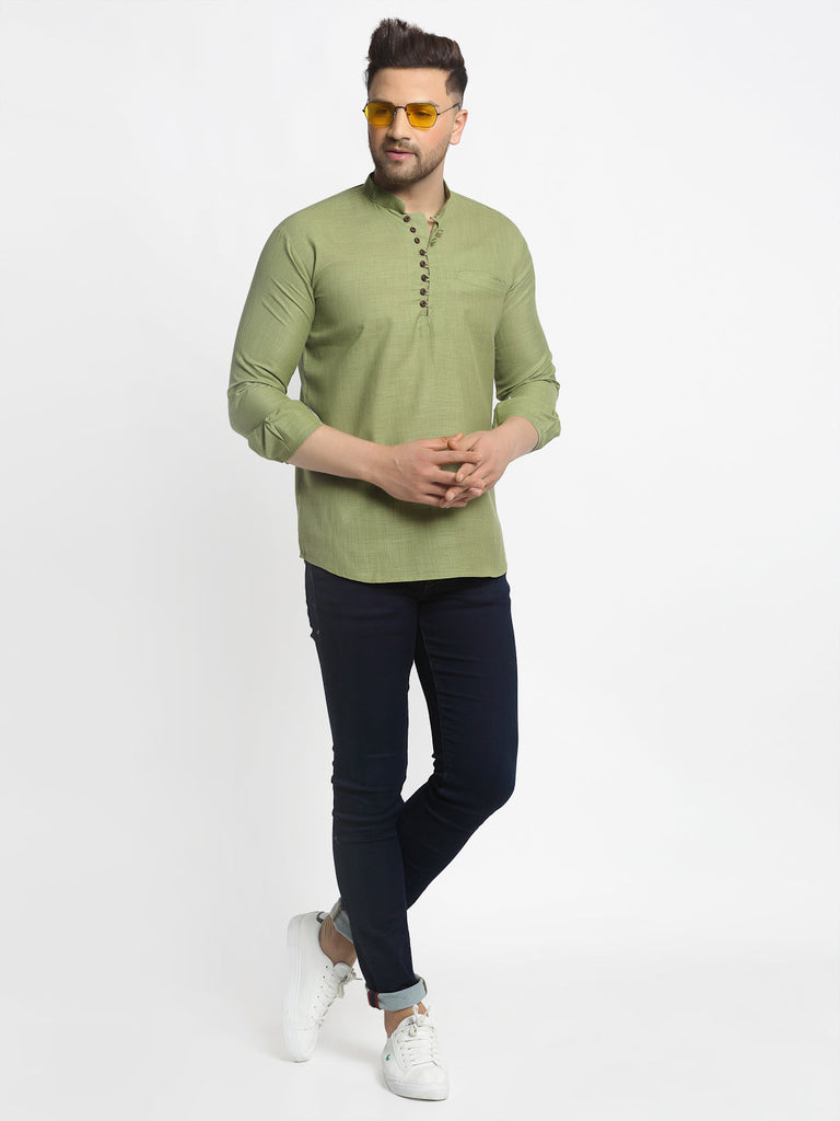 Men's Olive Green Solid Cotton Short Kurta ( Ko 639 Olive )