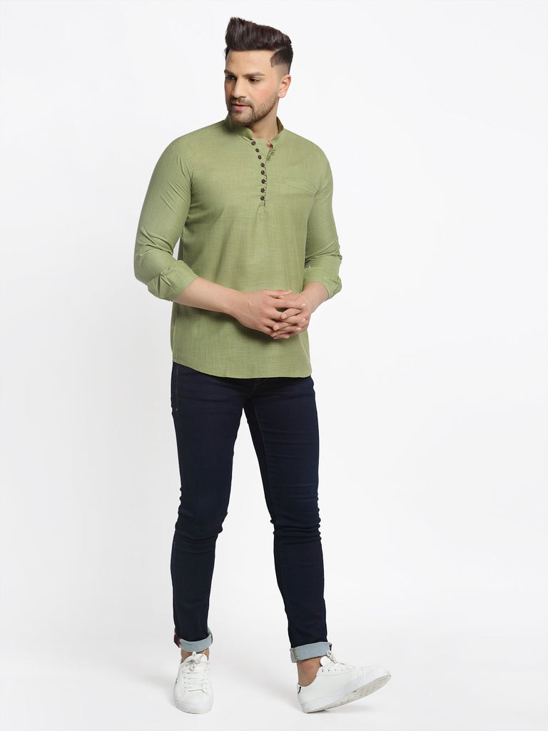 Men's Olive Green Solid Cotton Short Kurta ( Ko 639 Olive )