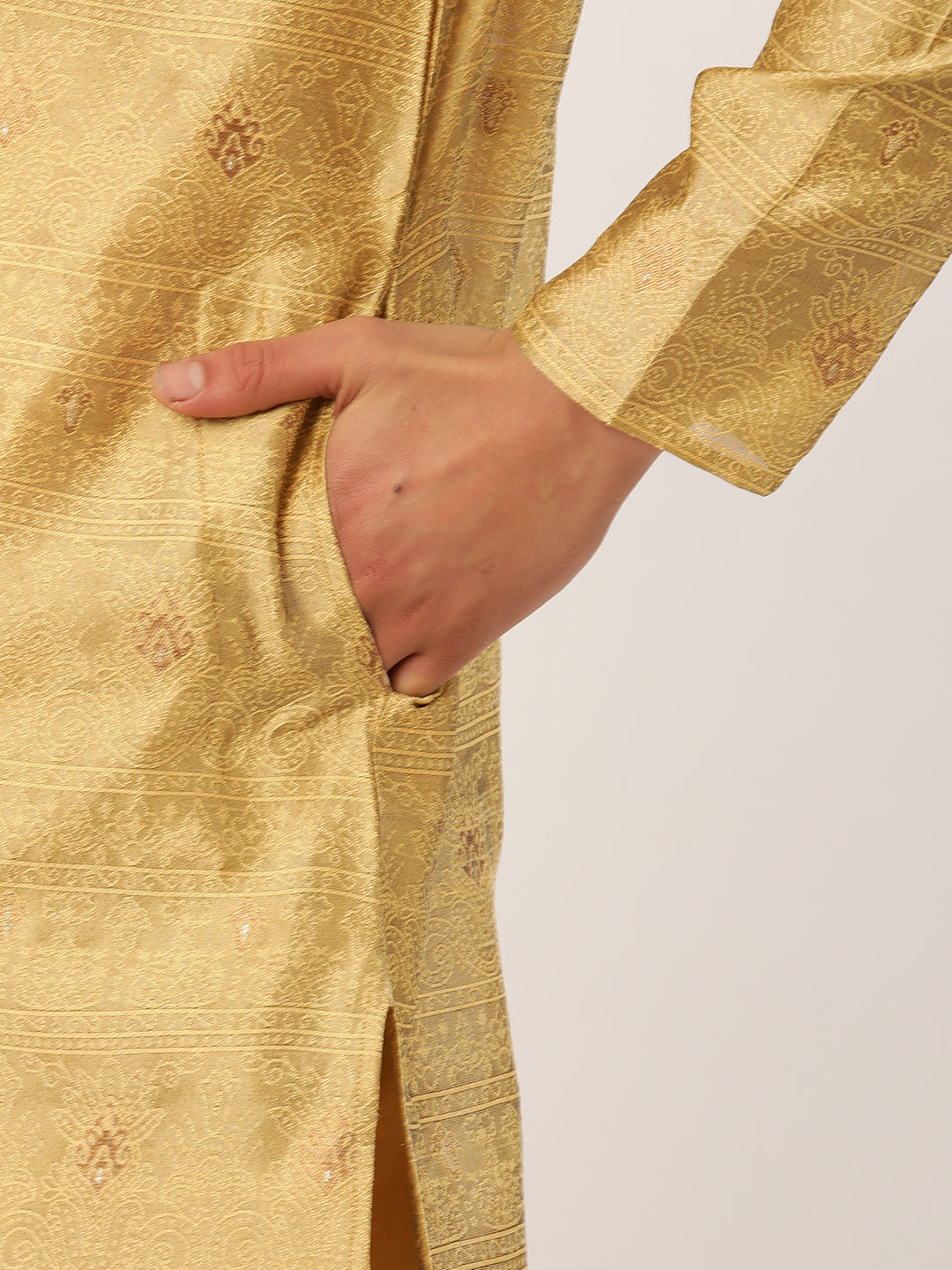 Men's Beige Coller Embroidered Woven Design Kurta Only ( Ko 649 Beige ) - Virat Fashions