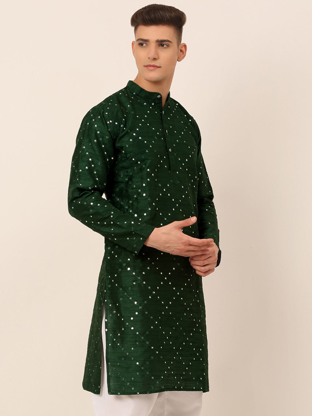 Men's Green Mirror Work Kurta Only ( Ko 659 Green ) - Virat Fashions