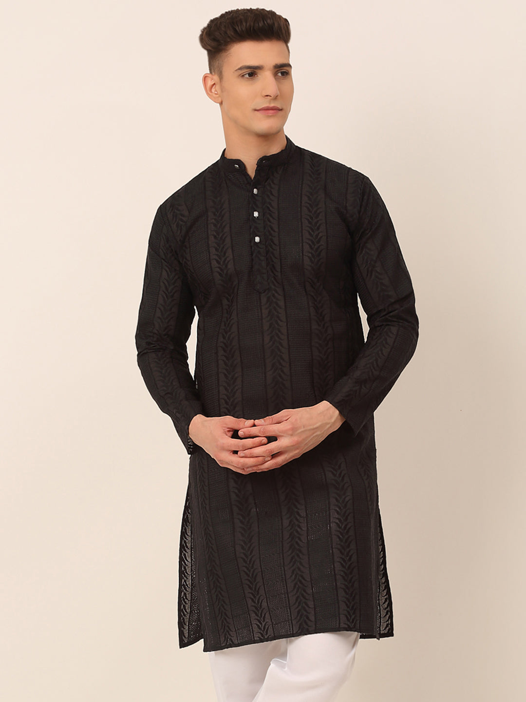 Men's Pure Cotton Embroidered Kurta Only ( Ko 660 Black ) - Virat Fashions