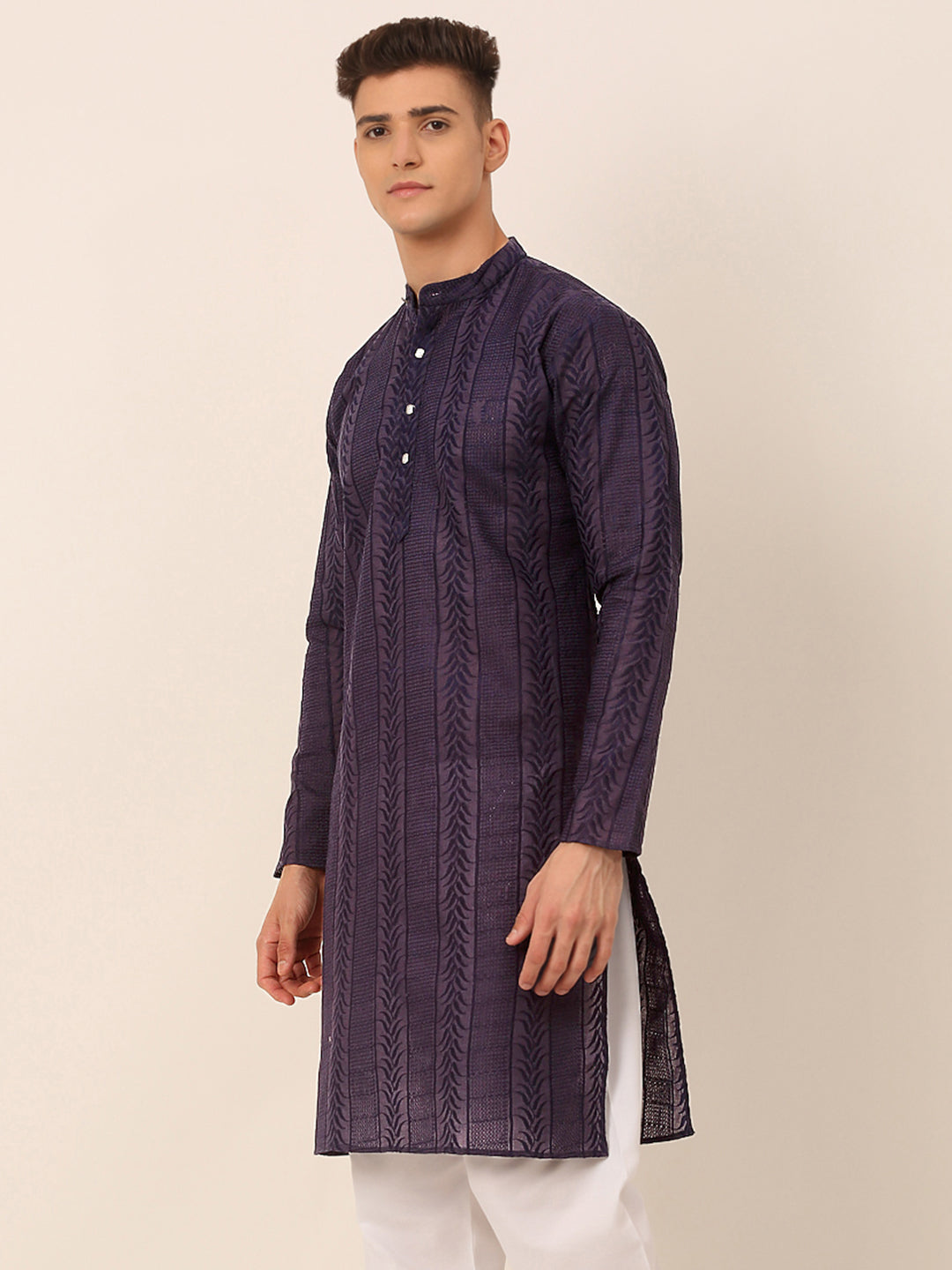 Men's Pure Cotton Embroidered Kurta Only ( Ko 660 Navy ) - Virat Fashions