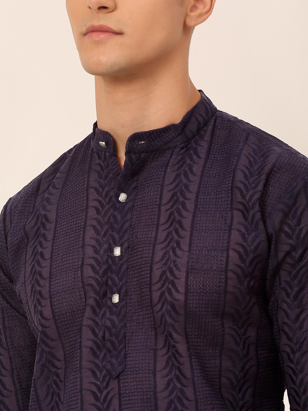 Men's Pure Cotton Embroidered Kurta Only ( Ko 660 Navy ) - Virat Fashions