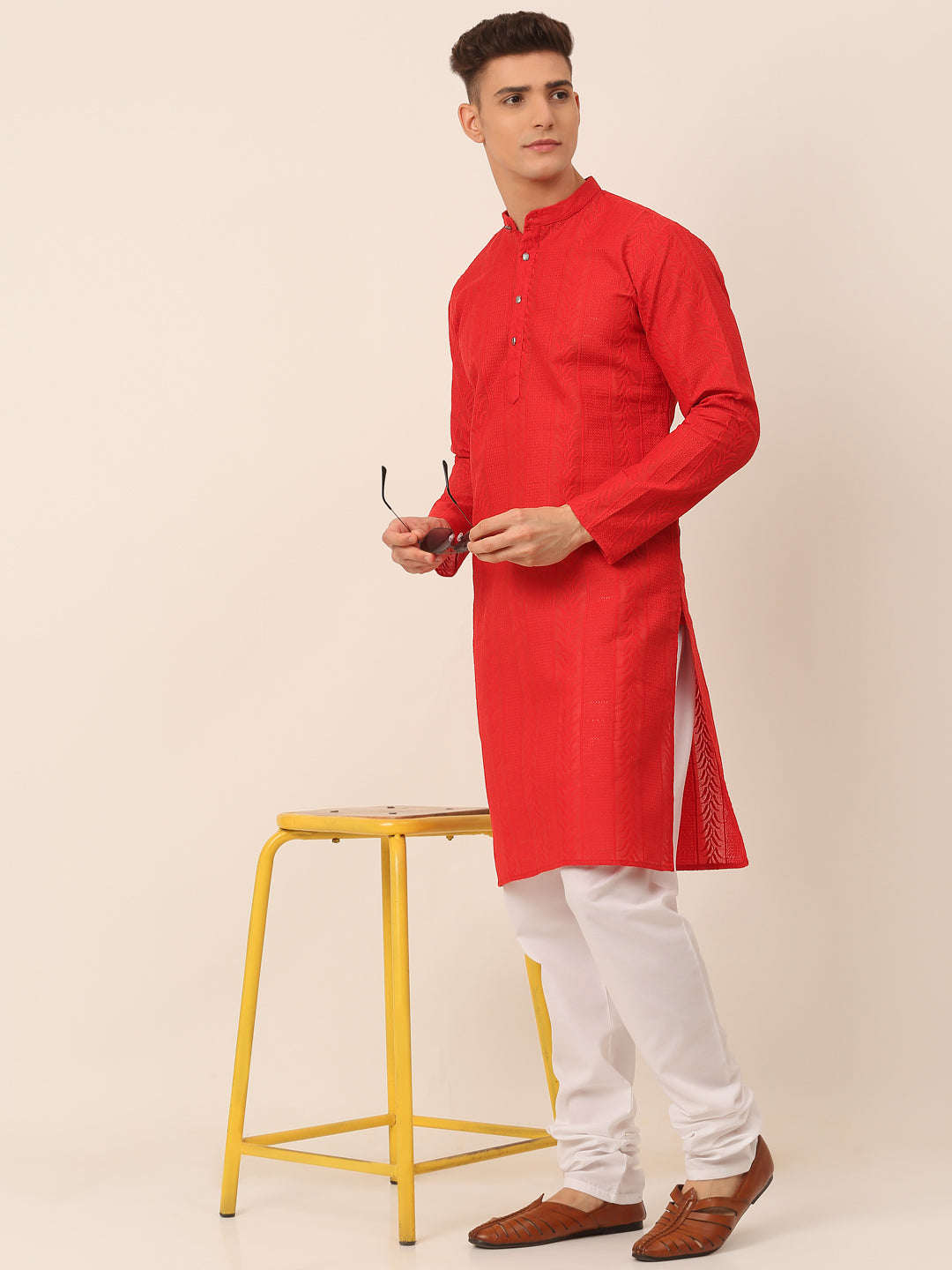 Men's Pure Cotton Embroidered Kurta Only ( Ko 660 Red ) - Virat Fashions