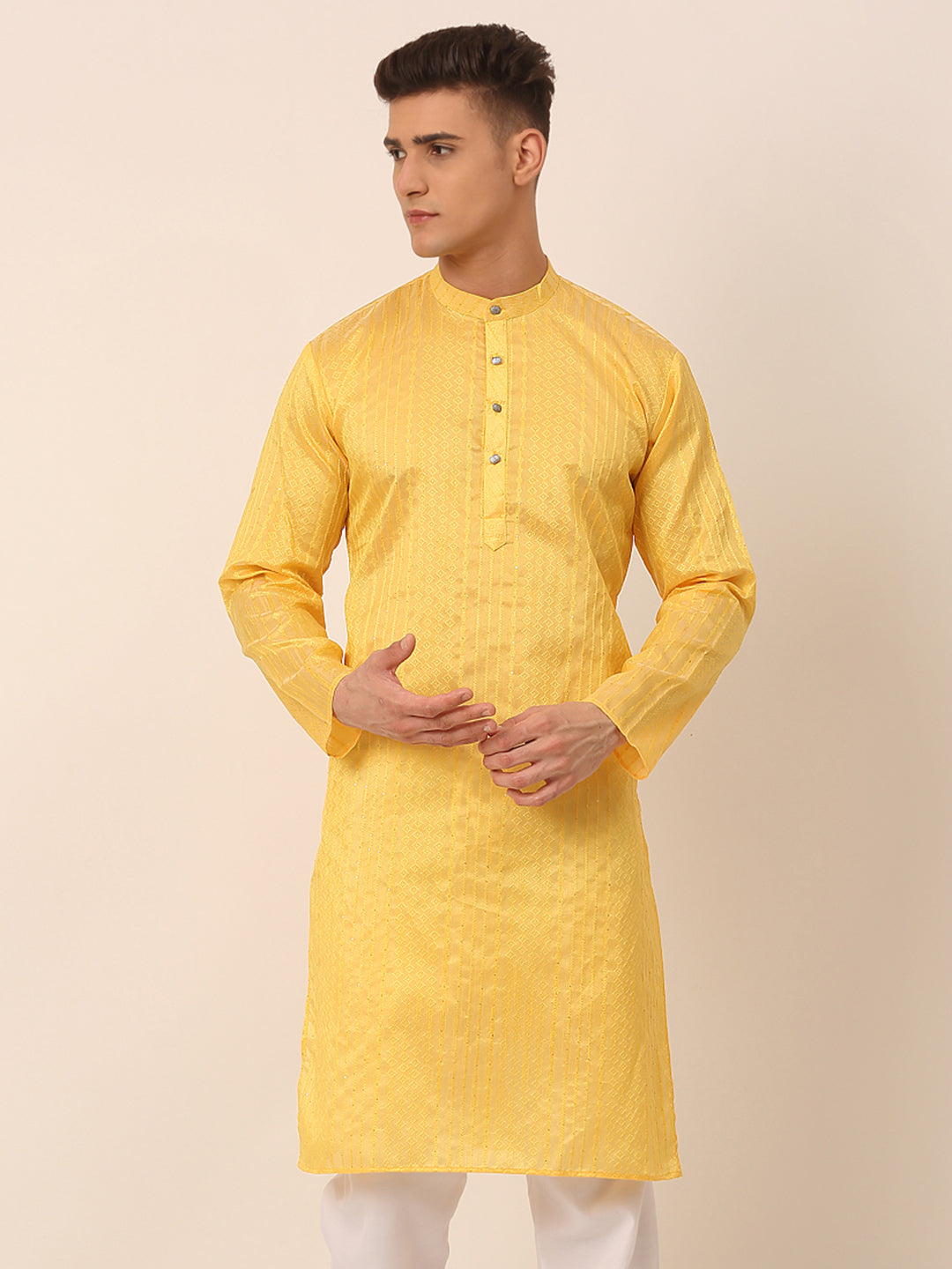 Men's Silk Blend Sequence Embroidered Kurta Only ( Ko 661 Yellow ) - Virat Fashions