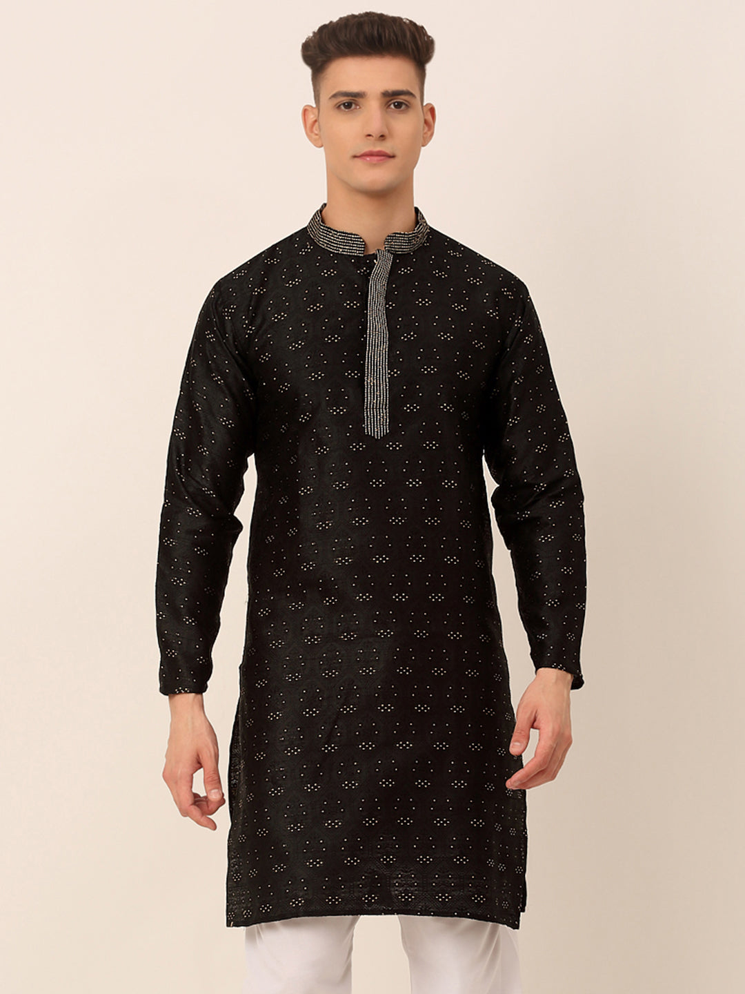 Men's Silk Blend Collar Embroidered Kurta Only ( Ko 662 Black ) - Virat Fashions