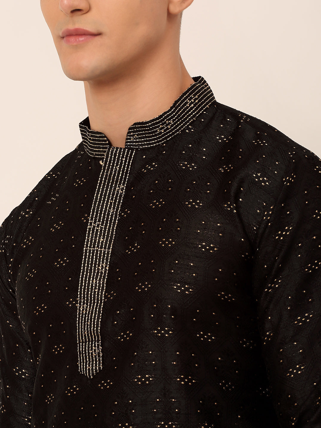 Men's Silk Blend Collar Embroidered Kurta Only ( Ko 662 Black ) - Virat Fashions