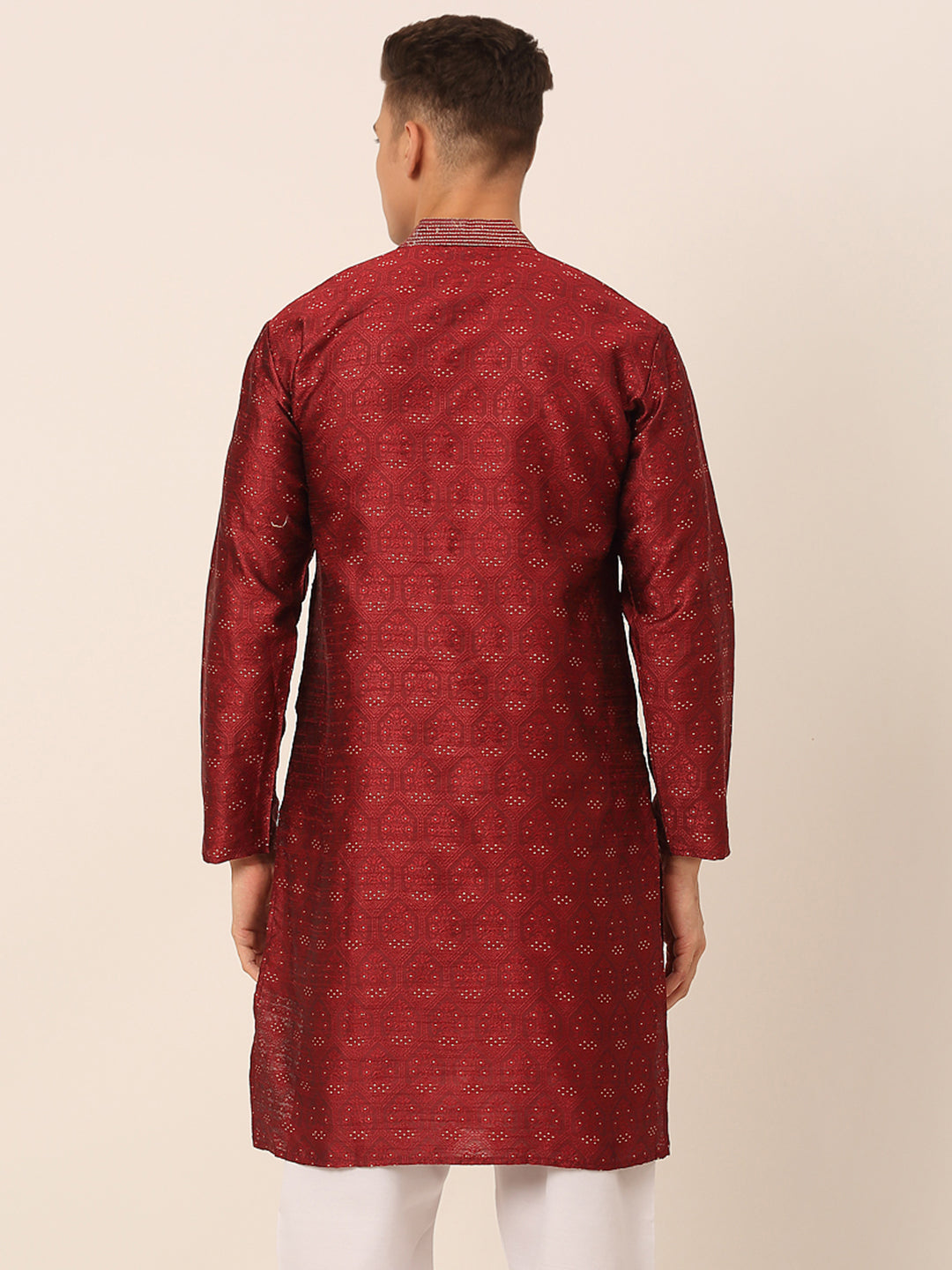 Men's Silk Blend Collar Embroidered Kurta Only ( Ko 662 Maroon ) - Virat Fashions