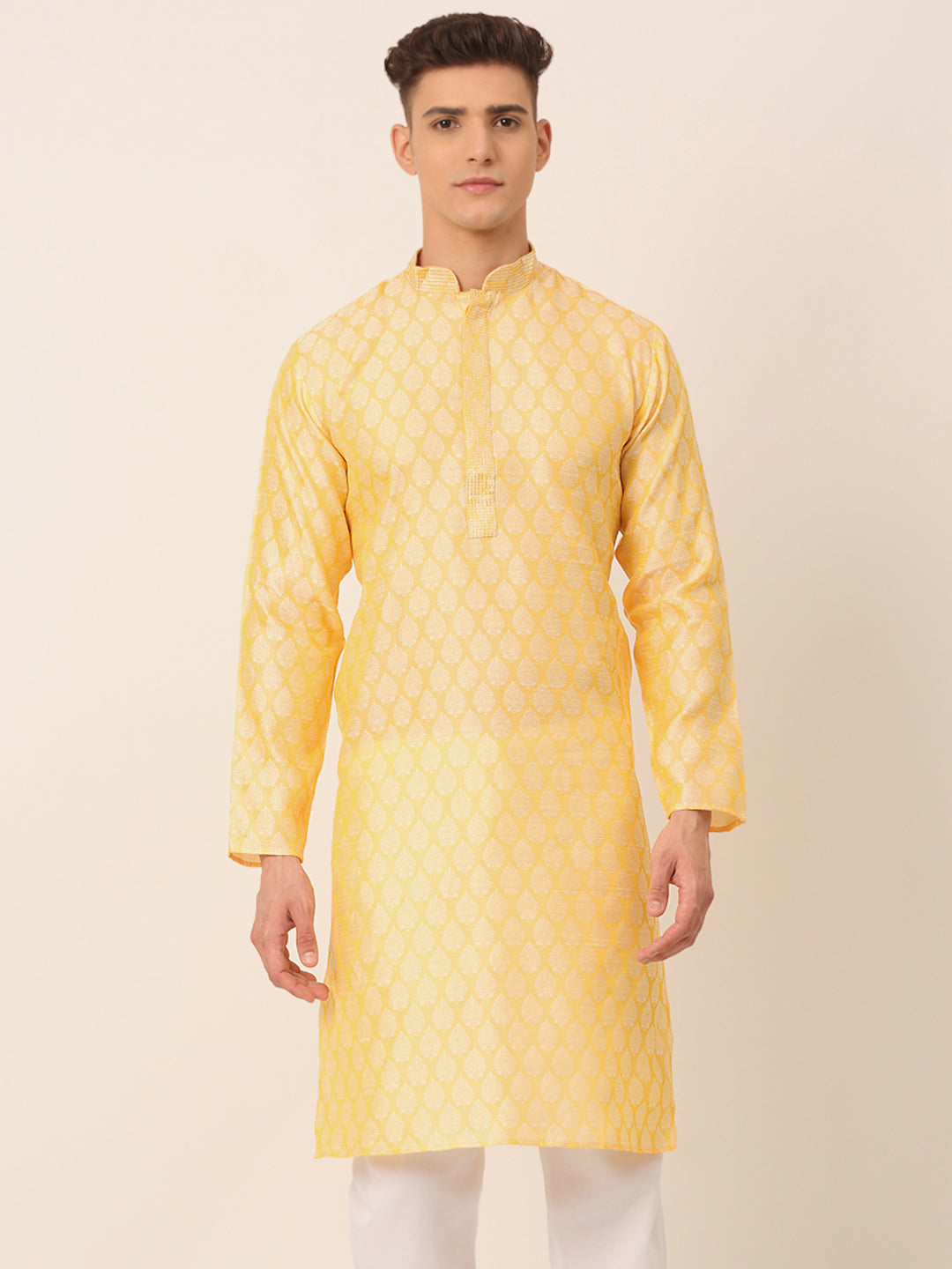 Men's Silk Blend Collar Embroidered Kurta Only ( Ko 663 Golden ) - Virat Fashions