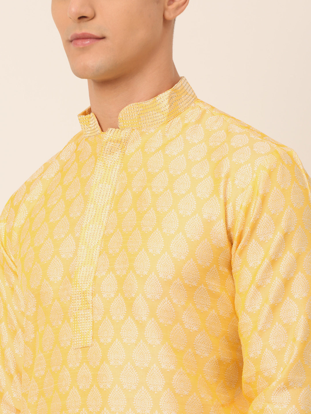 Men's Silk Blend Collar Embroidered Kurta Only ( Ko 663 Golden ) - Virat Fashions