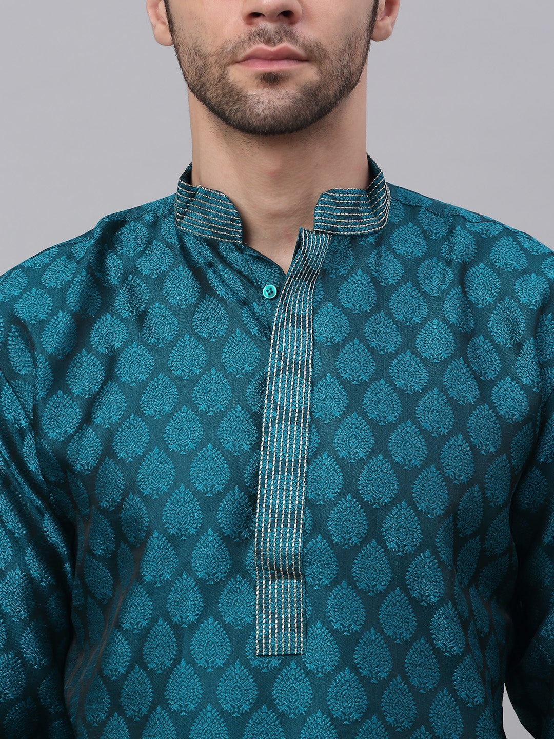 Men's Silk Blend Collar Embroidered Kurta Only ( Ko 663 Peacock ) - Virat Fashions