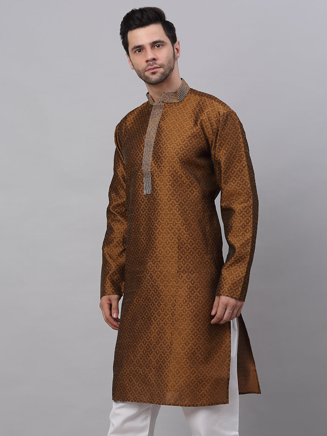 Men's Silk Blend Collar Embroidered Kurta Only ( Ko 664 Brown ) - Virat Fashions