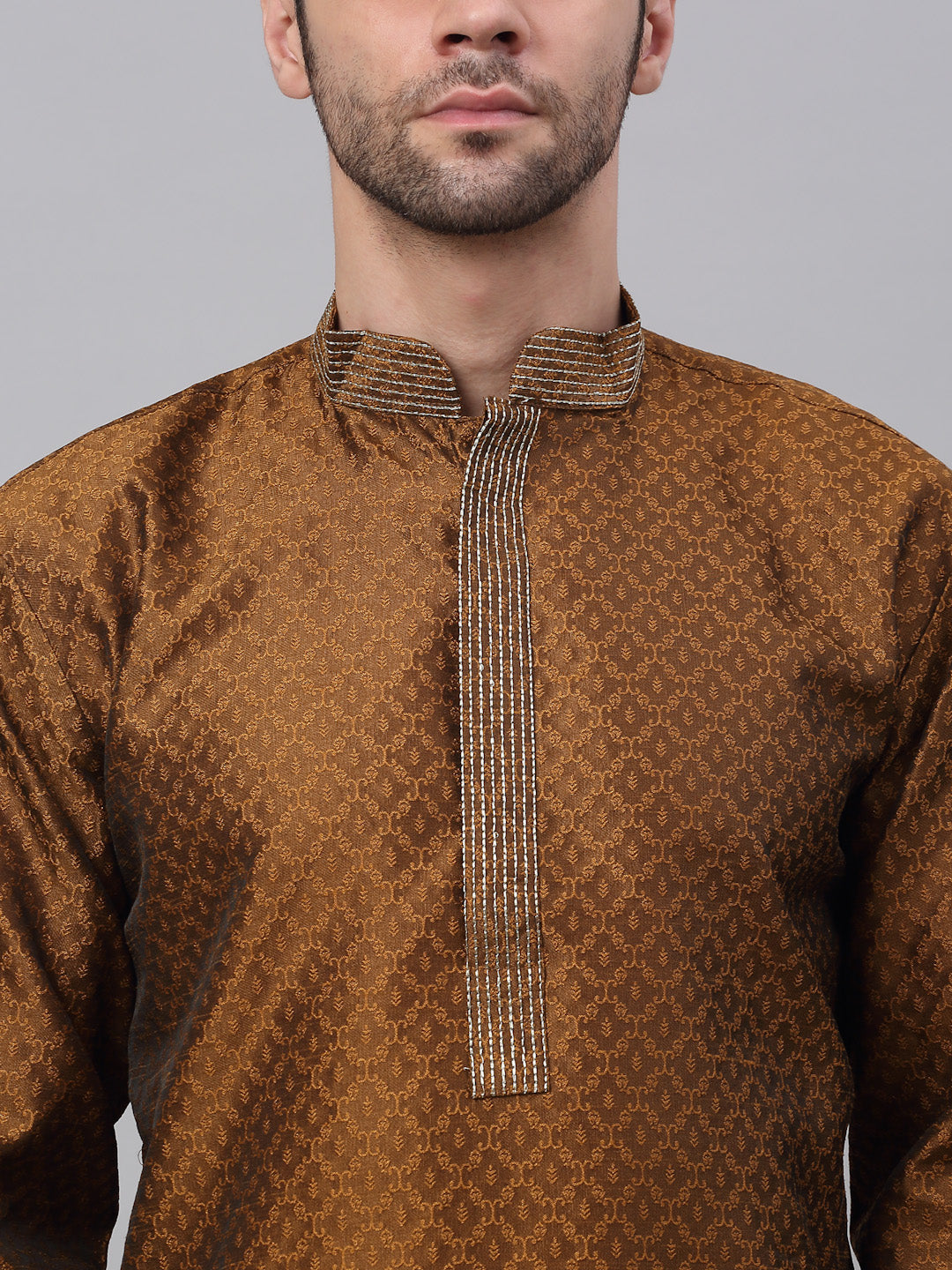 Men's Silk Blend Collar Embroidered Kurta Only ( Ko 664 Brown ) - Virat Fashions