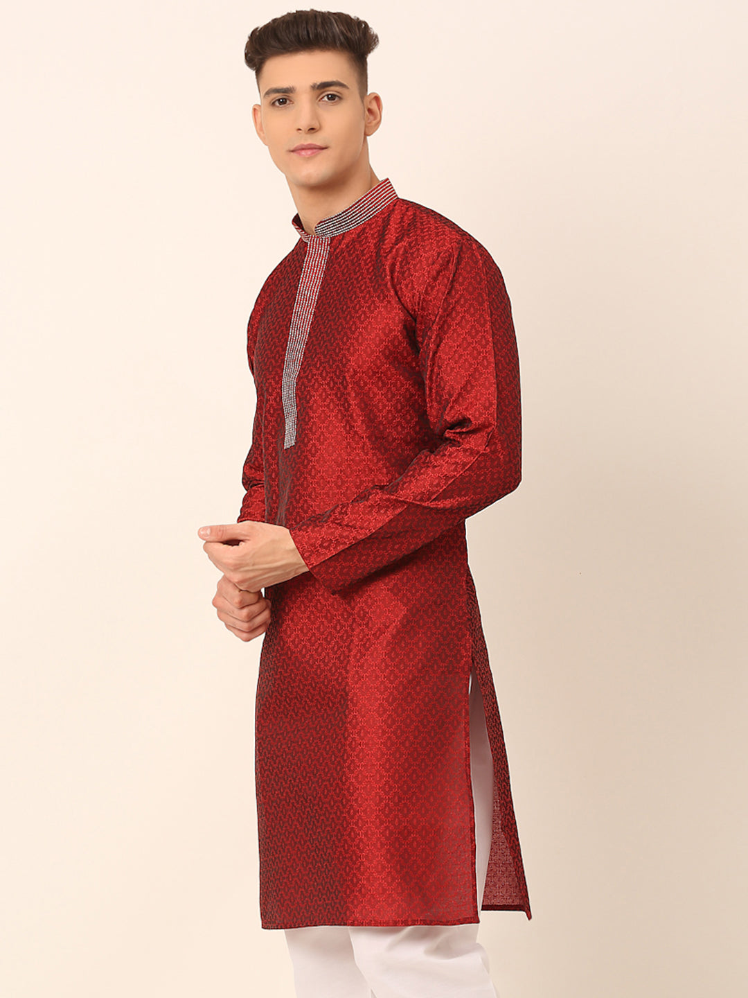 Men's Silk Blend Collar Embroidered Kurta Only ( Ko 664 Maroon ) - Virat Fashions