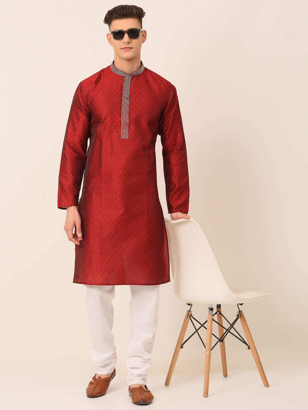 Men's Silk Blend Collar Embroidered Kurta Only ( Ko 664 Maroon ) - Virat Fashions