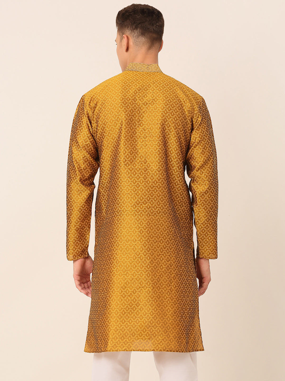 Men's Silk Blend Collar Embroidered Kurta Only ( Ko 664 Mustard ) - Virat Fashions