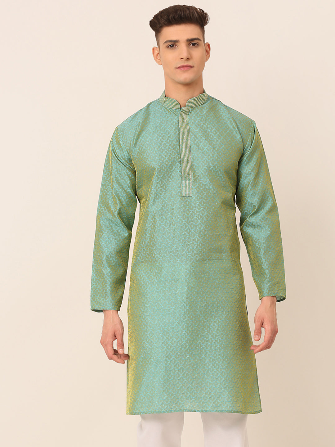 Men's Silk Blend Collar Embroidered Kurta Only ( Ko 664 Sea-Green ) - Virat Fashions