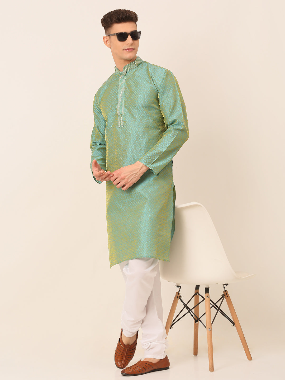 Men's Silk Blend Collar Embroidered Kurta Only ( Ko 664 Sea-Green ) - Virat Fashions