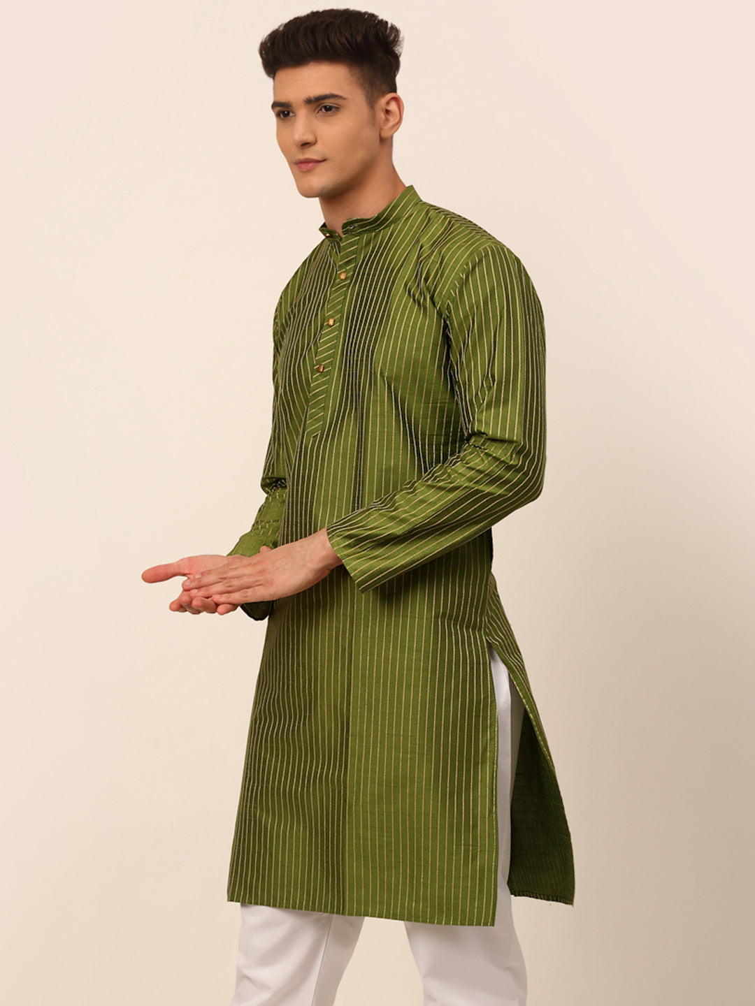 Men's Olive Green Striped Pleated Chikankari Kurta Only ( Ko 666 Olive ) - Virat Fashions