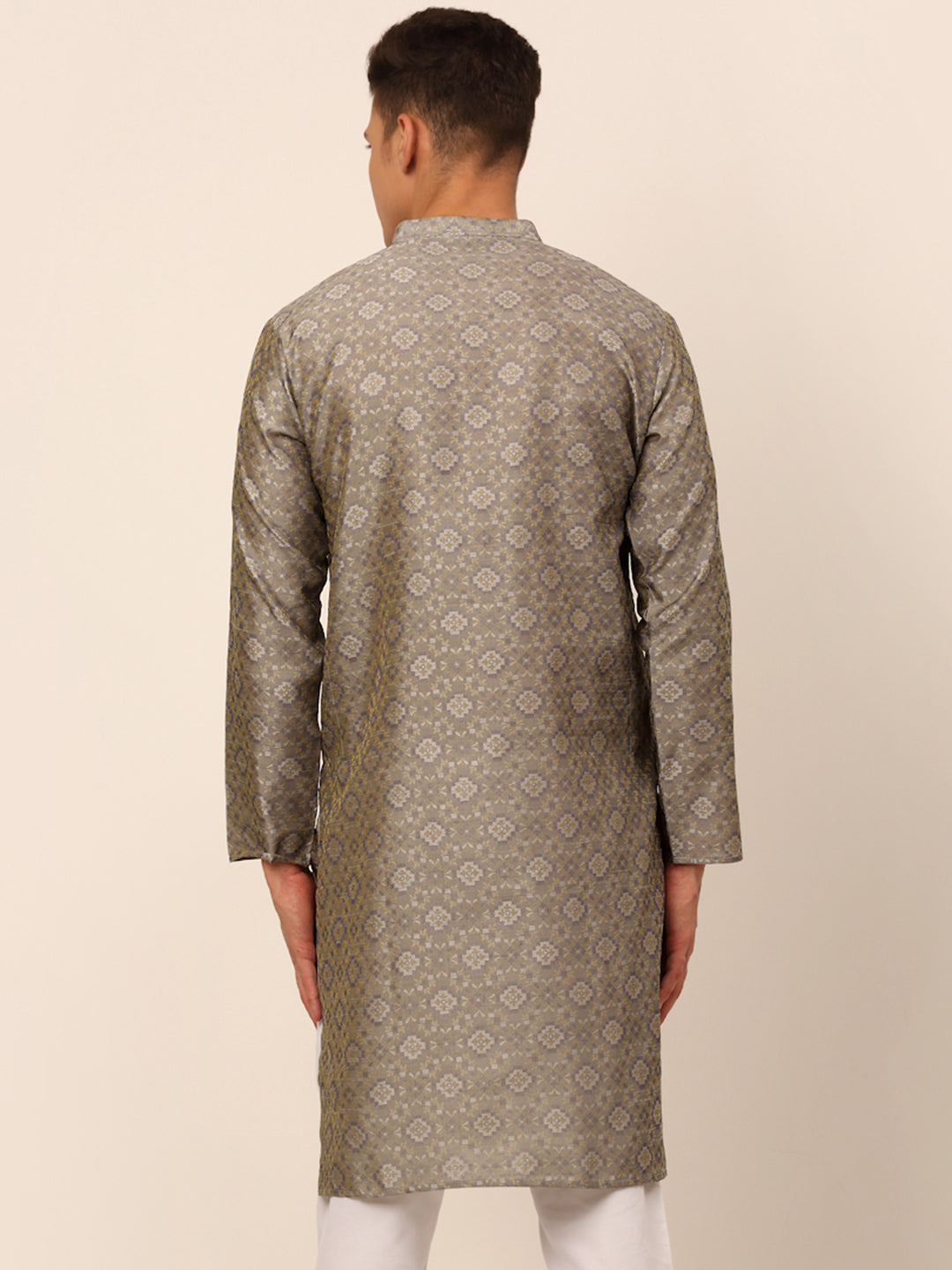 Men's Grey Floral Printed Kurta Only ( Ko 669 Grey ) - Virat Fashions