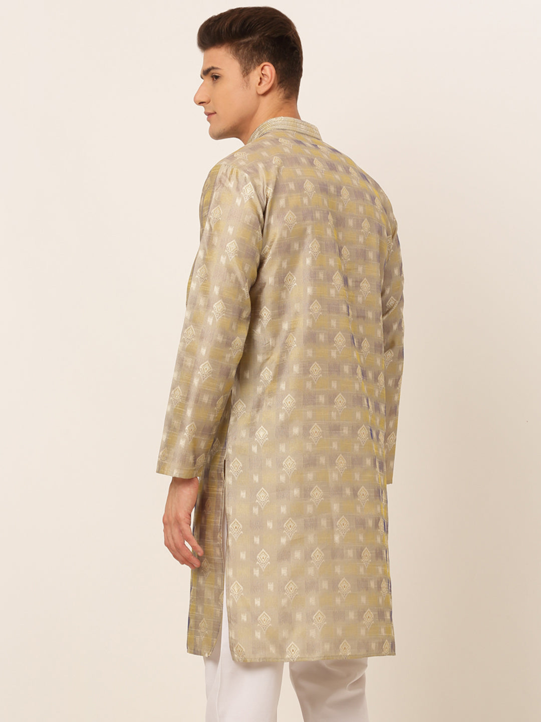 Men's Beige Collar Embroidered Woven Design Kurta Pyjama ( Ko 672 Beige ) - Virat Fashions